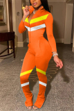 Orange Fashion Casual Striped zipper Long Sleeve O Neck Jumpsuits