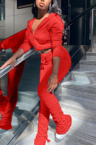Red Fashion Casual Sportswear Long Sleeve Zipper Collar Regular Sleeve Regular Solid Two Pieces