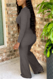 Dark Gray Casual Solid Draped Blend Long Sleeve O Neck Jumpsuits