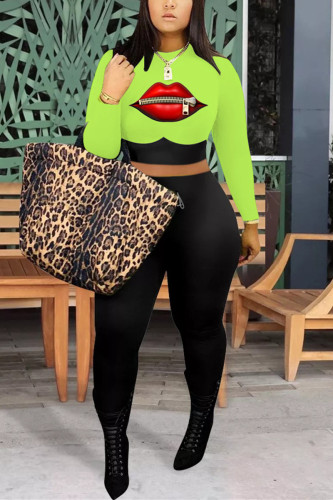 Green Fashion Sexy adult Ma'am Print Two Piece Suits pencil Long Sleeve Two Pieces