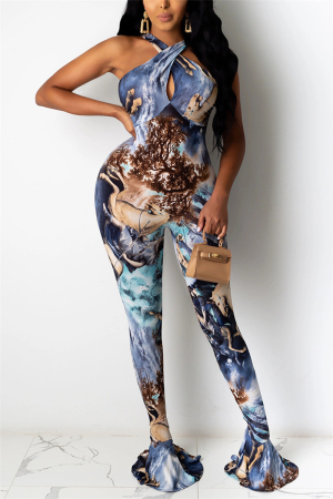 Blue Sexy Print Coloured drawing Sleeveless Hanging neck Jumpsuits