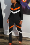 Orange Fashion Casual Striped zipper Long Sleeve O Neck Jumpsuits
