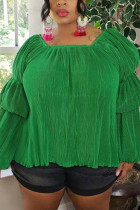 Green Fashion Sexy Long Sleeve Hubble-Bubble Sleeve Solid Plus Size Tops