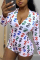 White Sexy Print Chemical fiber blend Long Sleeve V Neck Jumpsuits