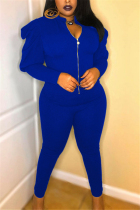 Blue Active Casual Patchwork Solid pencil Puff sleeve Two Pieces