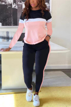 Pink Casual Sportswear Long Sleeve O Neck Regular Sleeve Regular Patchwork Two Pieces