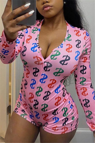 Pink Sexy Print Chemical fiber blend Long Sleeve V Neck Rompers