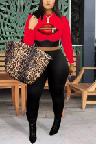 Red Fashion Sexy adult Ma'am Print Two Piece Suits pencil Long Sleeve Two Pieces