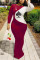 Wine Red Celebrities Sleeve O neck Swagger Floor-Length Print Colouring Dresses