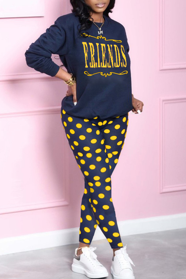 Yellow Blends Casual Dot Letter Patchwork Print pencil Long Sleeve Two Pieces