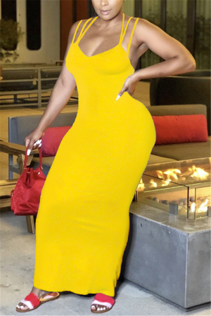 Yellow Milk. Fashion Casual adult Ma'am Off The Shoulder Sleeveless V Neck Step Skirt Ankle-Length Solid backless Dresses