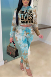 Blue Fashion Casual adult Ma'am Patchwork Print Two Piece Suits pencil Long Sleeve Two Pieces