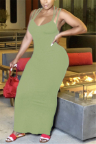 Green Milk. Fashion Casual adult Ma'am Off The Shoulder Sleeveless V Neck Step Skirt Ankle-Length Solid backless Dresses