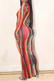 Multi-color Sexy Long Sleeves O neck Step Skirt Ankle-Length Striped Print Dresses