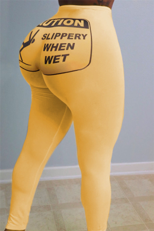Yellow Casual Sportswear Skinny Print Trousers