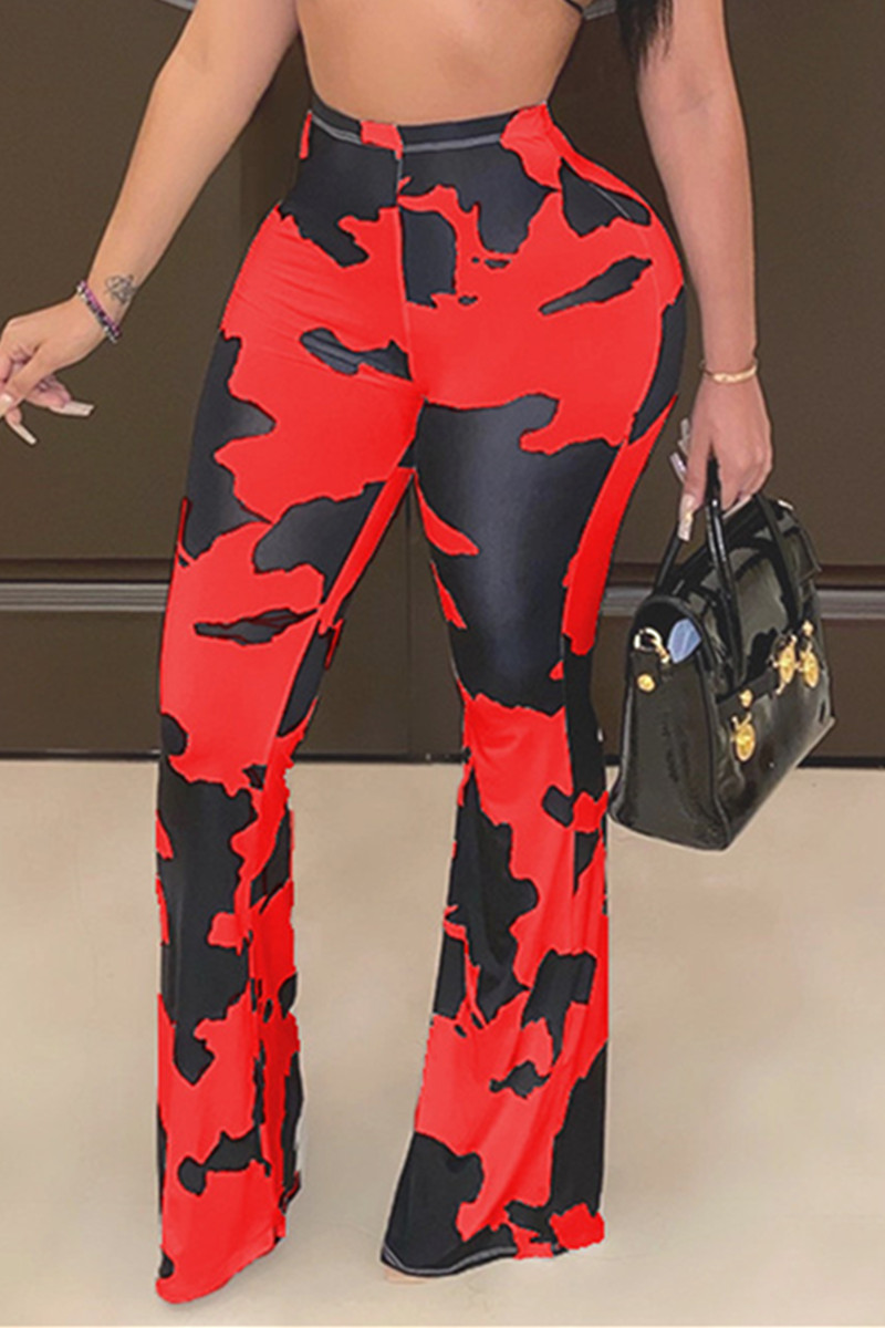 

Red Elastic Fly Mid Print Boot Cut Pants Bottoms