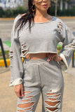 Grey Casual Geometric pencil Long Sleeve Two Pieces