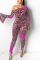 rose red Fashion Sexy Leopard grain Long Sleeve one shoulder collar Jumpsuits