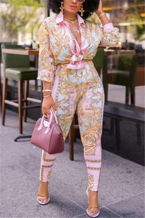 Pink England Print Two Piece Suits pencil Long Sleeve Two Pieces