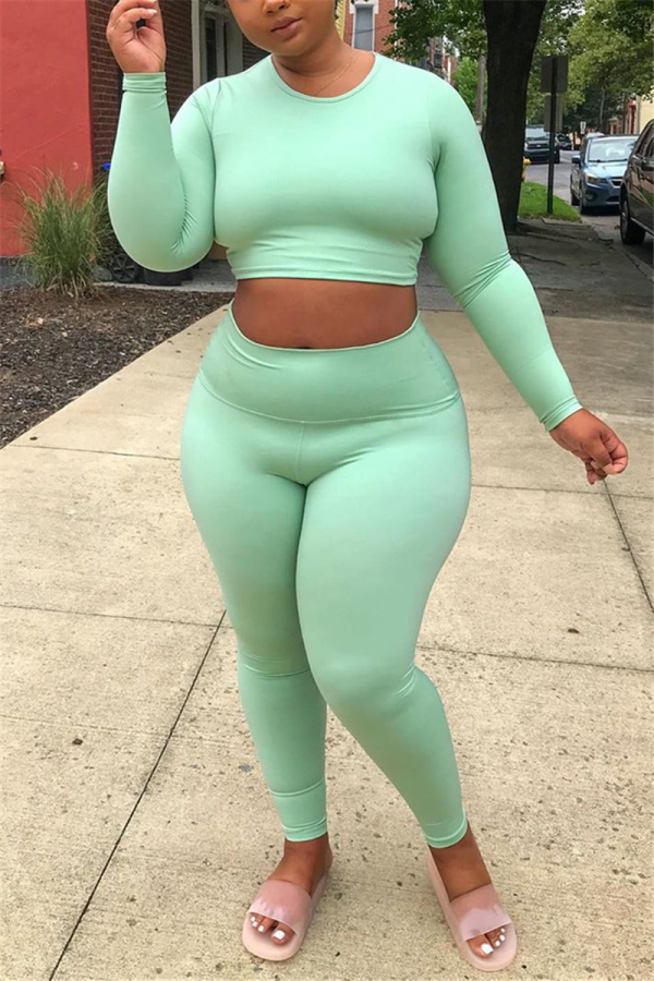 Light Green Fashion Sexy Adult Solid Patchwork O Neck Plus Size 