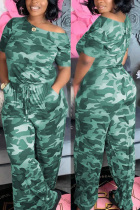Green Fashion Sexy Camouflage nylon Short Sleeve one shoulder collar Jumpsuits