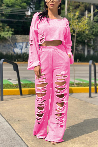 Pink Casual Geometric pencil Long Sleeve Two Pieces