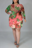 Red Fashion Casual O Neck Long Sleeve Regular Sleeve Print Printed Dress Plus Size