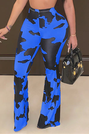 Blue Elastic Fly Mid Print Boot Cut Pants Bottoms