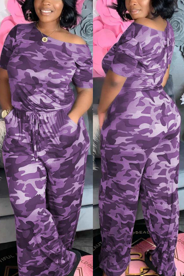 purple Fashion Sexy Camouflage nylon Short Sleeve one shoulder collar Jumpsuits
