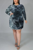 Black Fashion Casual O Neck Long Sleeve Regular Sleeve Print Printed Dress Plus Size