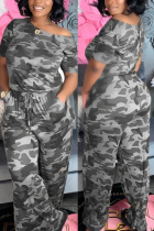 Black Fashion Sexy Camouflage nylon Short Sleeve one shoulder collar Jumpsuits
