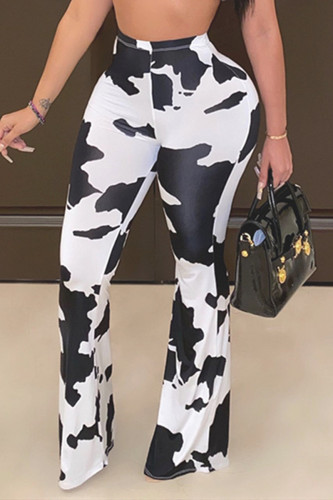 White Elastic Fly Mid Print Boot Cut Pants Bottoms