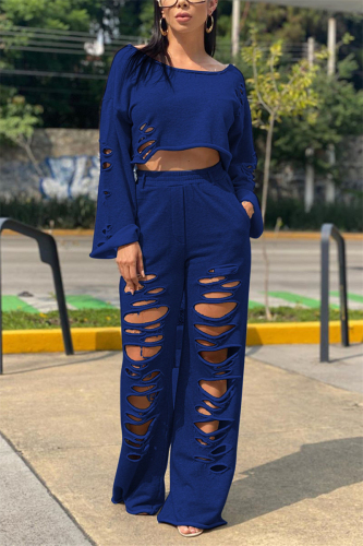 Dark Blue Casual Geometric pencil Long Sleeve Two Pieces