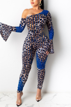Blue Sexy Oblique Collar Long Sleeve Flare Sleeve Skinny Print Leopard Jumpsuits
