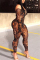 Brown Sexy Print perspective Mesh Leopard grain Polyester Long Sleeve one word collar Jumpsuits
