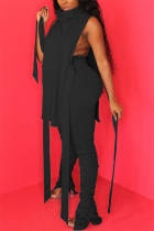 Black Fashion Sexy Sleeveless Turtleneck Regular Solid Two Pieces
