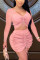 Pink Fashion Sexy Regular Sleeve Long Sleeve V Neck Wrapped Skirt Mini Solid Dresses