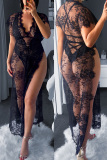 Black Sexy Lace V Neck Short Sleeve Gown & Long Dress