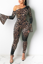 Black Sexy Oblique Collar Long Sleeve Flare Sleeve Skinny Print Leopard Jumpsuits