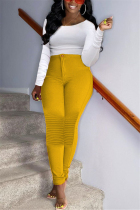 Yellow OL Patchwork Solid Draped Straight Long Sleeve Two Pieces
