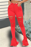 Red Fashion Casual Adult Solid Ripped High Waist Boot Cut Denim