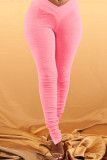 Pink knit Elastic Fly High Print Solid Split Draped pencil Pants Bottoms