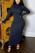 Black Europe and America OL Long Sleeves O neck Step Skirt Ankle-Length Solid backless Dresses
