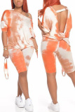 Orange Fashion Casual Long Sleeve Oblique Collar Regular Sleeve Regular Print Two Pieces