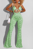 Fluorescent Green Fashion Sexy Spaghetti Strap Sleeveless Off The Shoulder Regular Print Jumpsuits