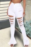 White Fashion Casual Adult Solid Ripped High Waist Boot Cut Denim