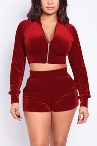 Wine Red Active Casual Europe and America Patchwork Solid Zippered Straight Long Sleeve Two Pieces