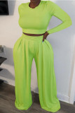 Fluorescent Green Fashion Casual Long Sleeve O Neck Regular Sleeve Short Solid Two Pieces