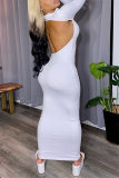White Europe and America OL Long Sleeves O neck Step Skirt Ankle-Length Solid backless Dresses