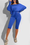 Royal Blue Casual Long Sleeve Boat Neck Regular Sleeve Regular Solid Two Pieces